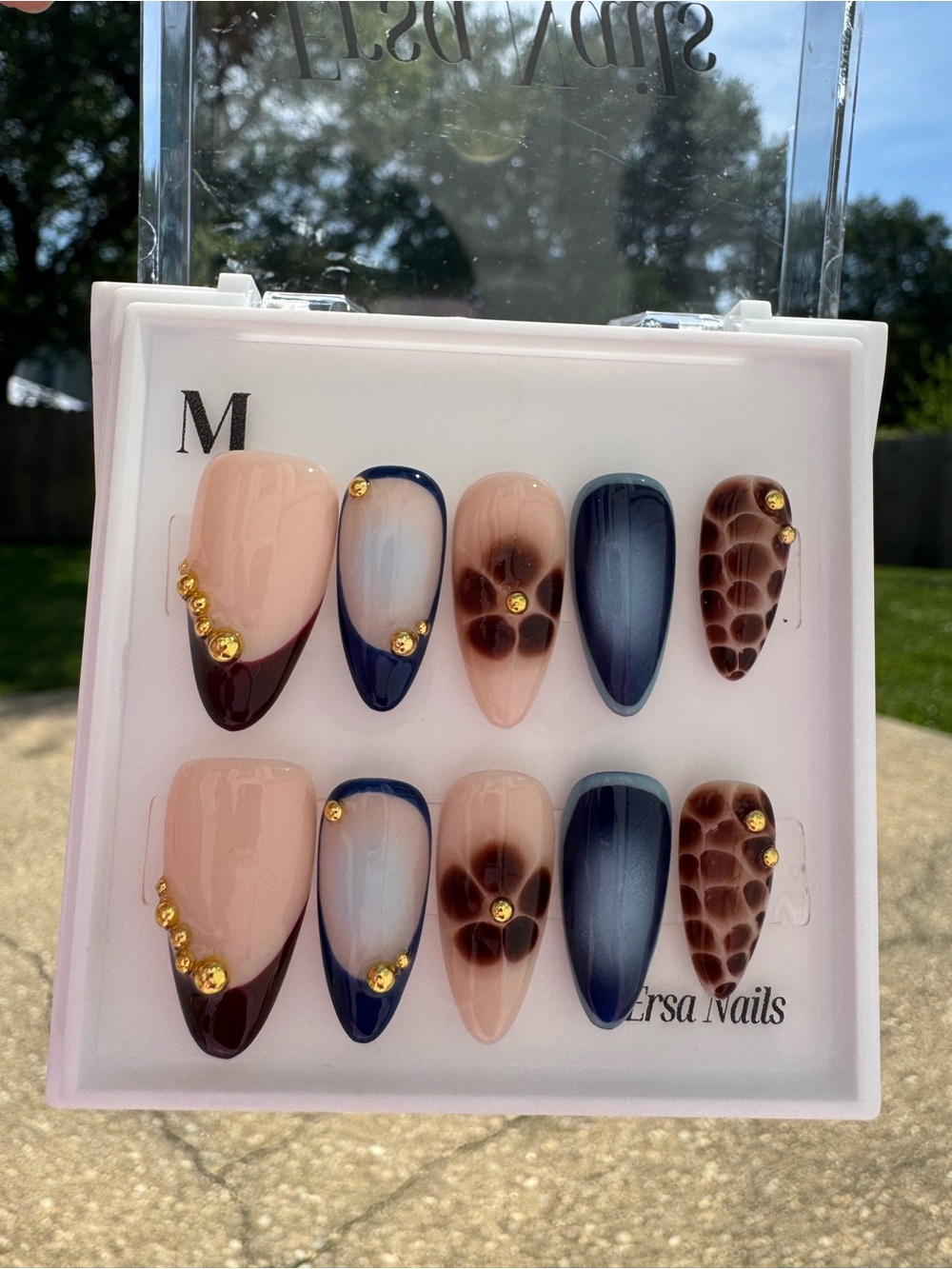Neutral Blush & Navy Press-On Nail Set with Gold Studs
